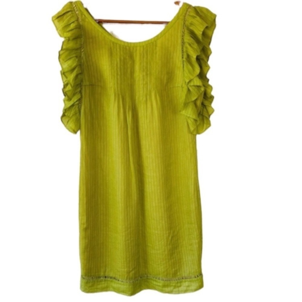 Tracy Reese Green Silk Linen Blend Flutter Sleeve Dress M